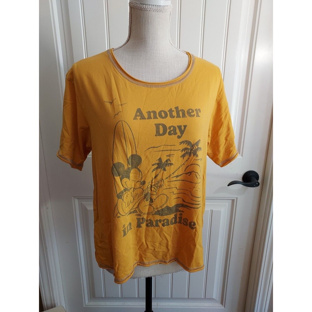 Disney Parks Mickey Mouse Crop Top Womens Lg Yellow Another‎ Day in Paradise